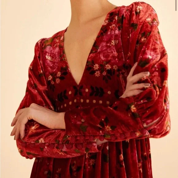Farm Rio Romantic Garden Red Maxi Dress-small. Velvet - Picture 3 of 4